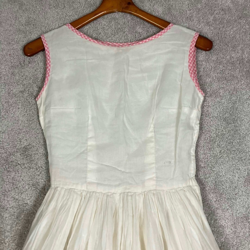 Vintage 50s Pink Gingham Organza Fit and Flare Dress White Sleeveless Midi - Picture 3 of 16